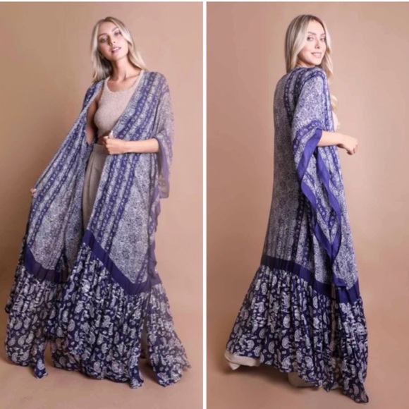 Three Bird Nest Other - Three Bird Nest Blue and Cream Bohemian Kimono